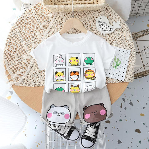 Cartoon Round Neck Short Sleeve Set Baby Sports Shorts Two-piece Set